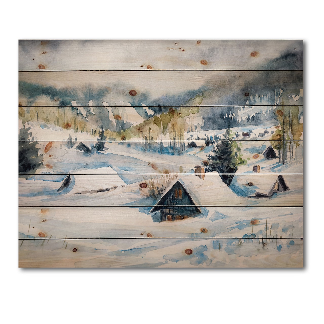 Designart - Mountain Village In Winter - Traditional Print on Natural Pine Wood